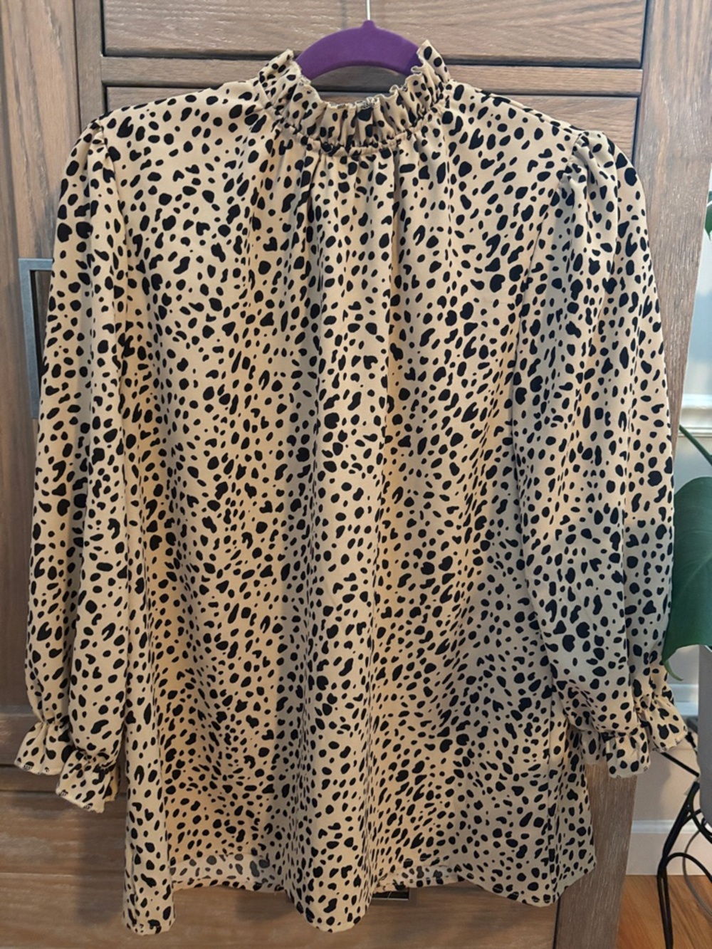 Tan and Black Dotted Blouse - High Neck Peasant Top